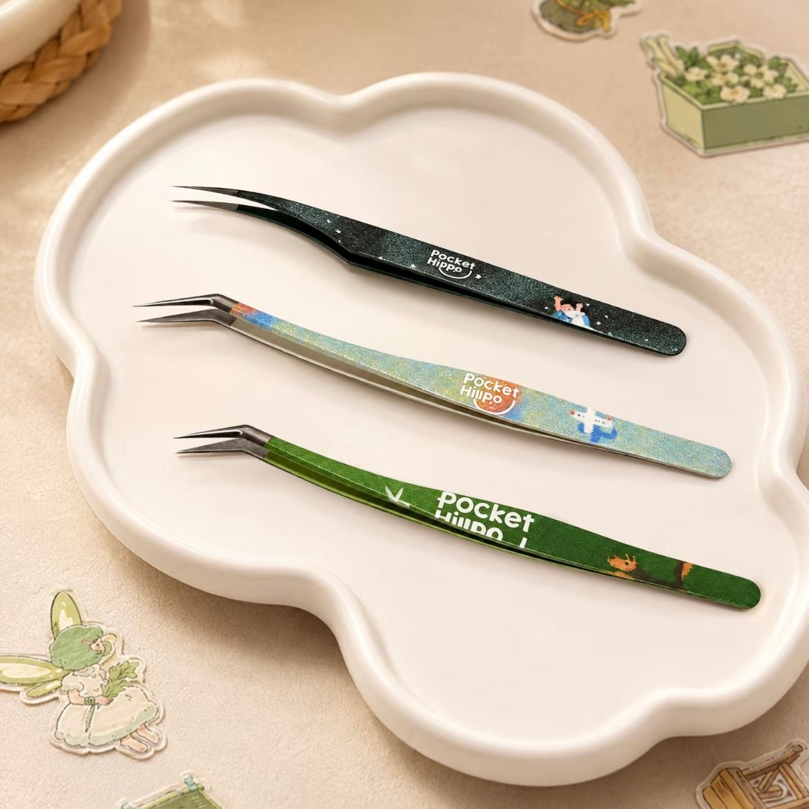 Tweezers Light Green Airplane - Golden Feather Tweezers Green Puppy - Golden Feather Tweezers Dark Green Person & Pony - Dolphin Tweezers - L - JoyJollyCrafts