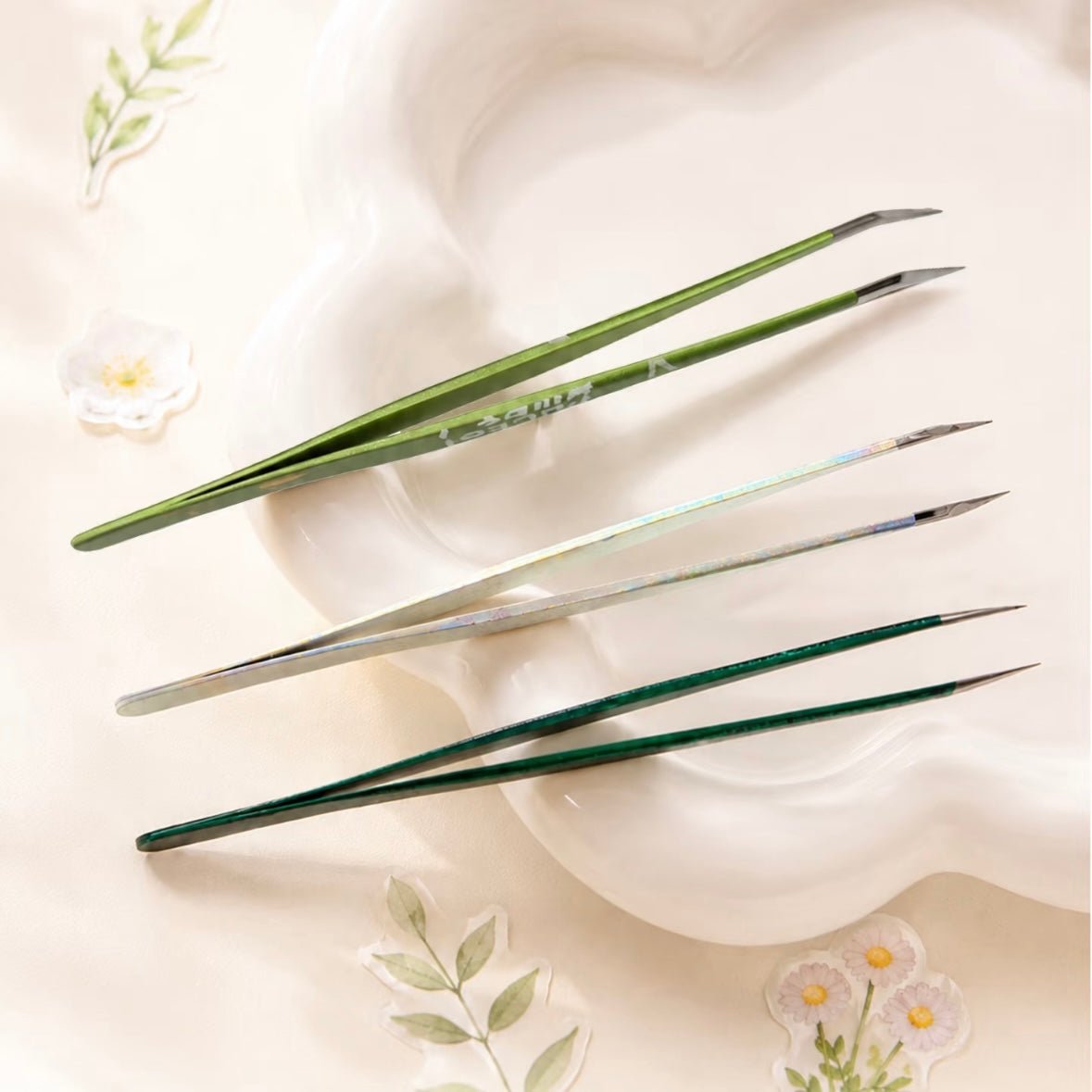 Tweezers Light Green Airplane - Golden Feather Tweezers Green Puppy - Golden Feather Tweezers Dark Green Person & Pony - Dolphin Tweezers - L - JoyJollyCrafts