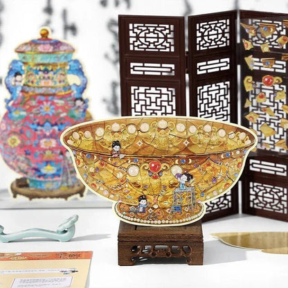 Vintage-style golden jade bowl illustration with intricate patterns and playful figures, displayed on a wooden stand with Asian-inspired decor in the background.