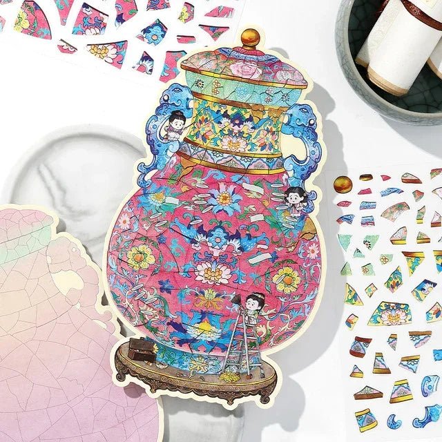 Colorful vintage vase sticker with floral patterns and cartoon figures, surrounded by craft stickers