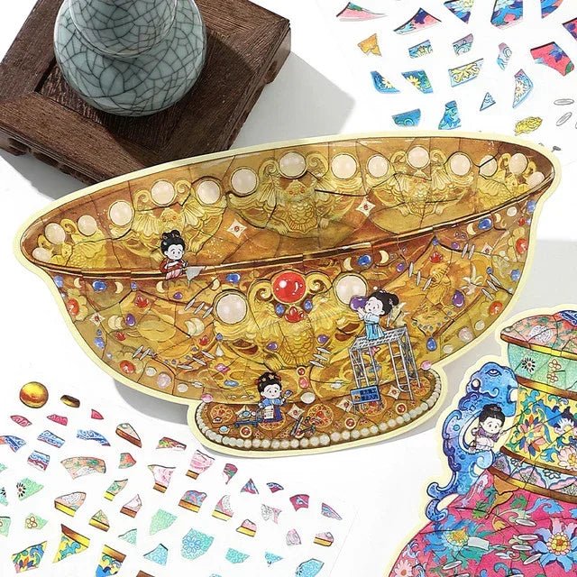 Golden jade bowl sticker with cartoon characters and colorful miniature vase stickers