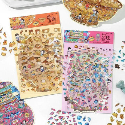 Vintage jade bowl and vase scene stickers for journaling, scrapbooking, and crafts