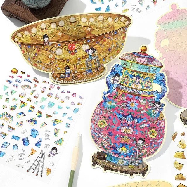 Colorful vintage bowl and vase stickers with restoration-themed designs and decorative details.