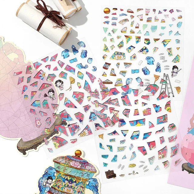 Vintage bowl and vase themed scene stickers with colorful broken pottery designs for journaling or scrapbooking