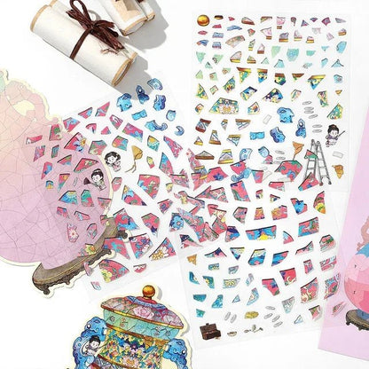 Vintage bowl and vase themed scene stickers with colorful broken pottery designs for journaling or scrapbooking