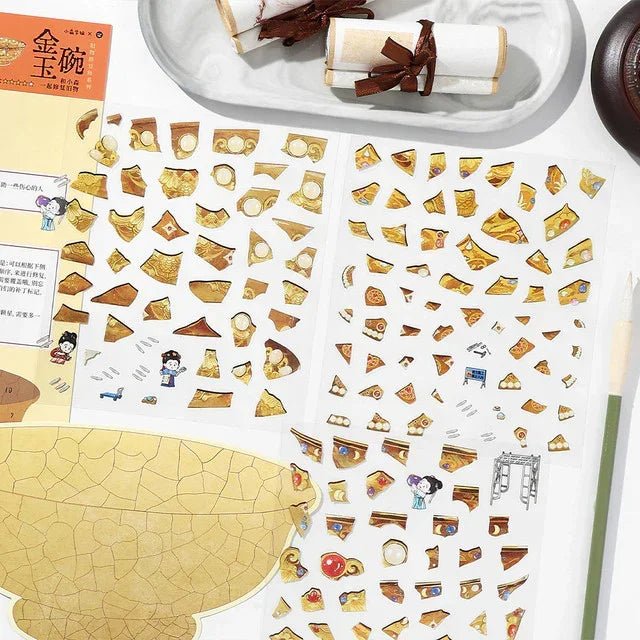 Vintage restoration theme scene stickers with golden jade bowl shards for journaling crafts