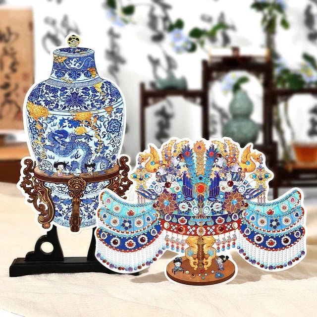 Blue and white porcelain dragon vase and ornate phoenix crown miniatures with intricate patterns