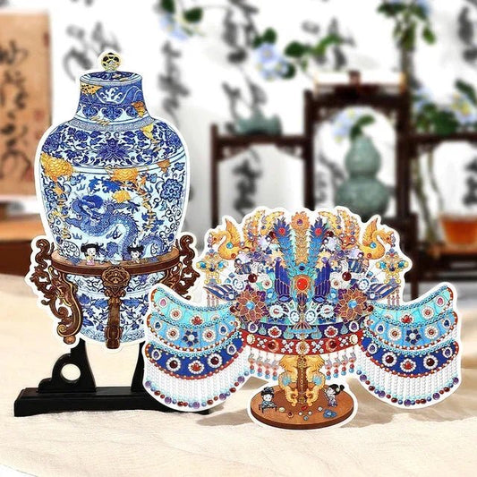 Blue and white porcelain dragon vase and ornate phoenix crown miniatures with intricate patterns