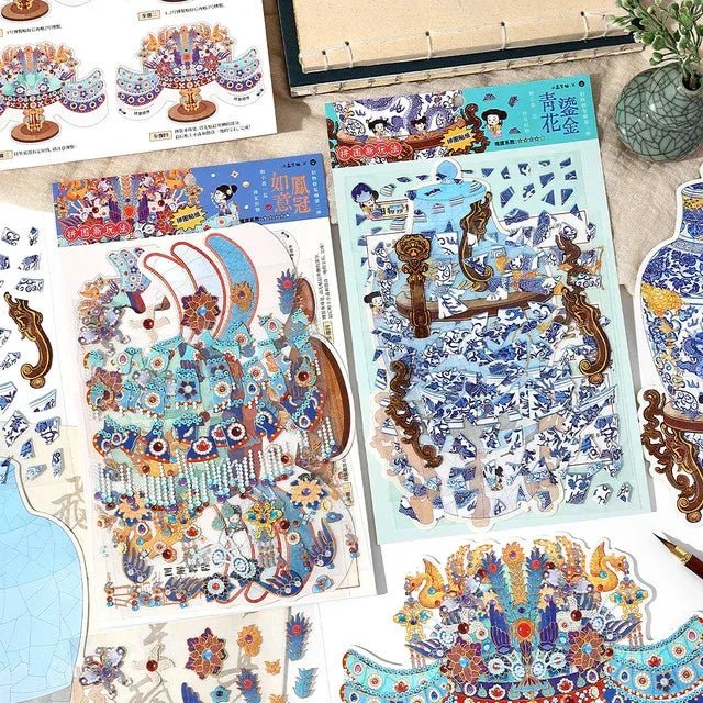 Blue and white vintage porcelain crown and vase stickers for journaling and scrapbooking