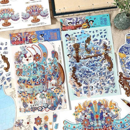 Blue and white vintage porcelain crown and vase stickers for journaling and scrapbooking