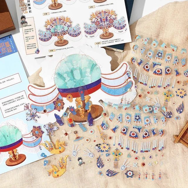 Vintage blue and white phoenix crown sticker set with ornate porcelain designs for journaling