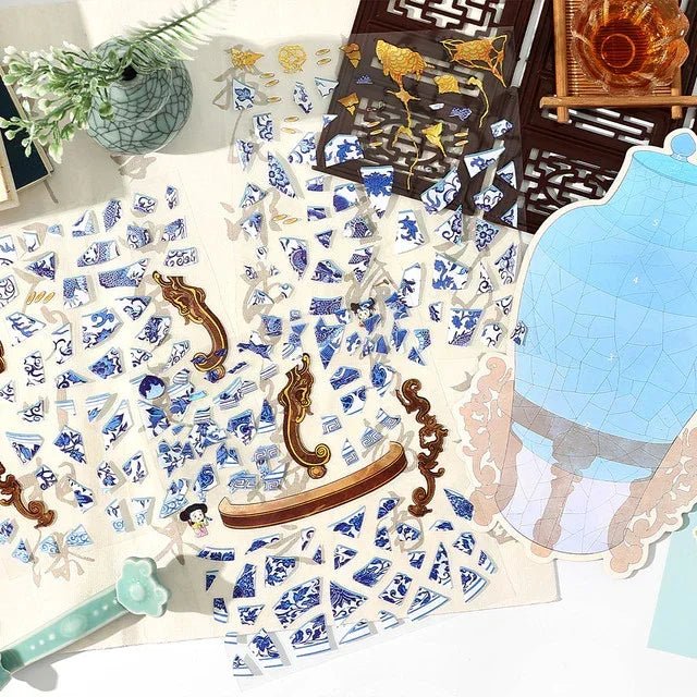 Blue and white porcelain sticker set with vintage floral patterns and vase designs for journaling