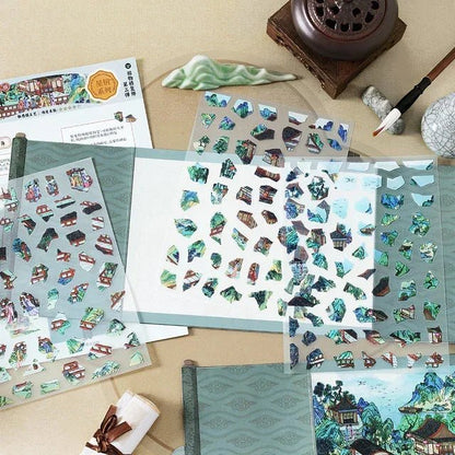Vintage garden and landscape scene stickers for journaling and scrapbooking, assorted designs.