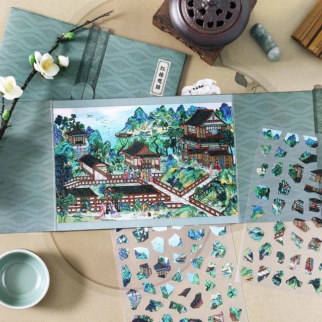 Vintage scene sticker sheet featuring traditional gardens, hills, and ornate buildings for journaling.