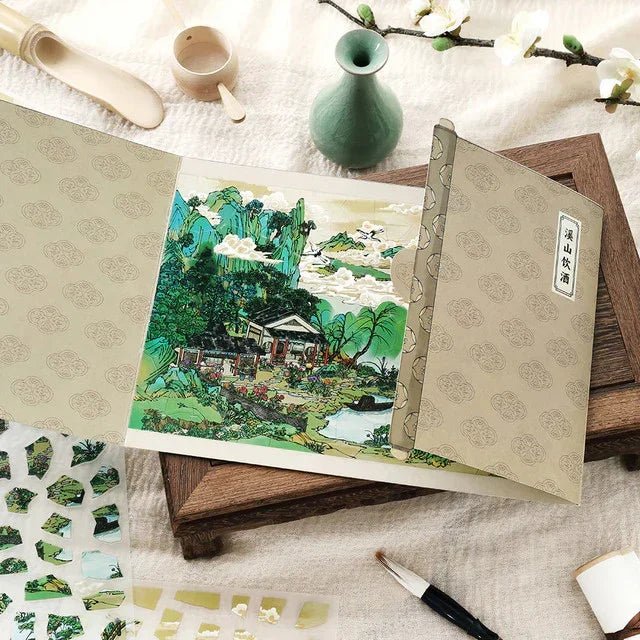 Vintage garden scene sticker sheet with traditional house, mountains, and greenery, ideal for journaling.