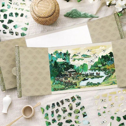 Vintage scene stickers with grand garden landscape, lake, and hills, ideal for journaling crafts.