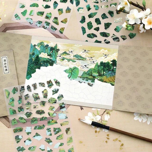 Vintage landscape sticker kit with mountains, birds, floral accents and puzzle pieces for journaling.