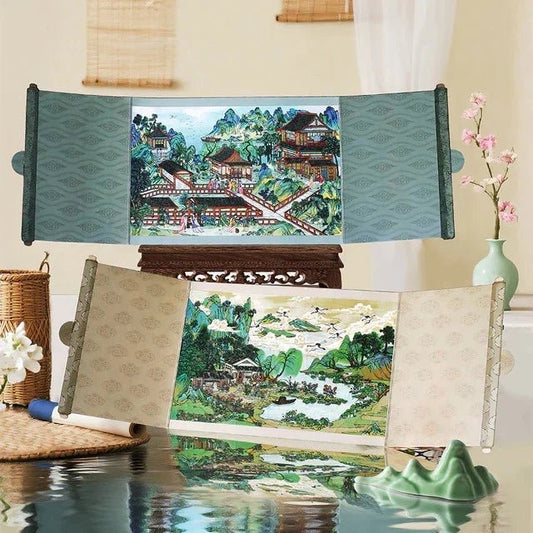 Vintage style scroll stickers with traditional garden and mountain landscape illustrations.