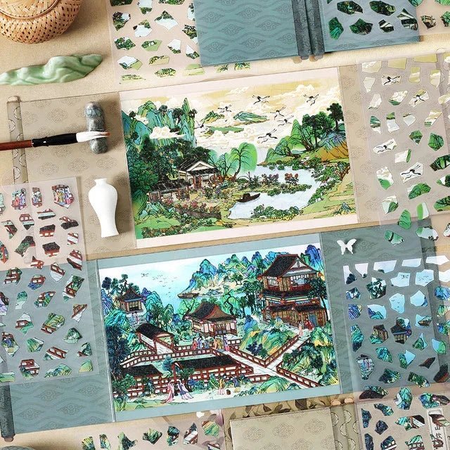 Vintage-style miniature scene stickers with traditional garden and hillside architecture, ideal for journaling and scrapbooking.