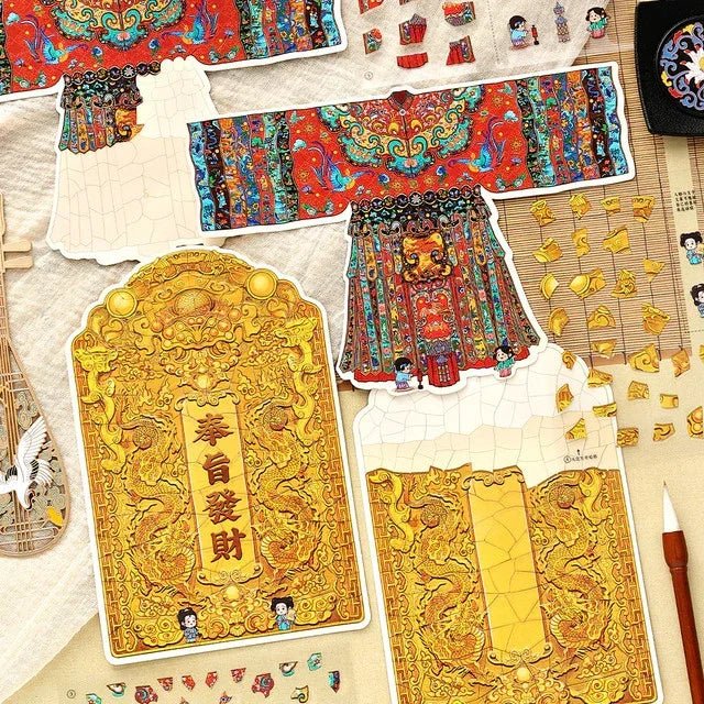 Vintage Chinese imperial robe and gold dragon stickers for journaling and scrapbooking