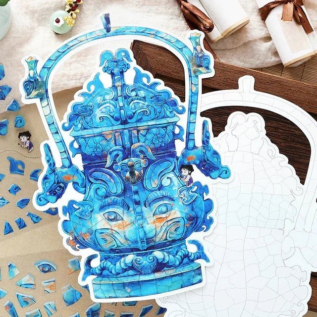 Blue vintage bronze vessel sticker with puzzle pieces for journaling and scrapbooking crafts