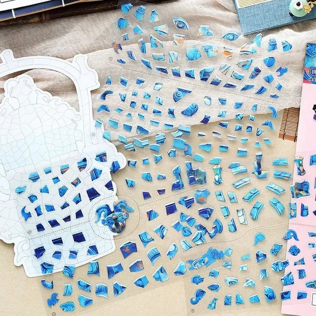 Blue and gold mosaic scene stickers and ornate frame for journaling and scrapbooking crafts