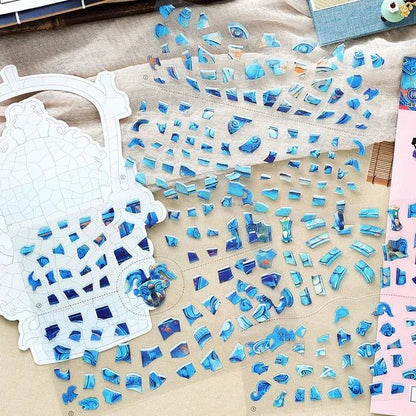Blue and gold mosaic scene stickers and ornate frame for journaling and scrapbooking crafts