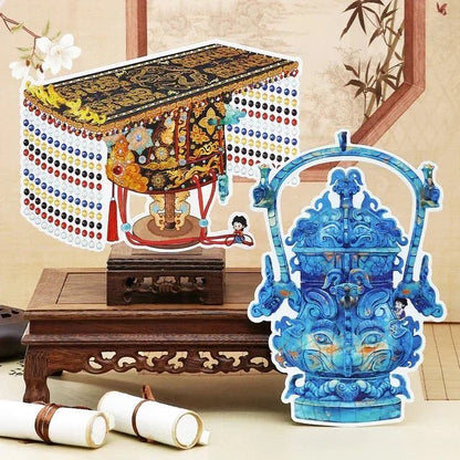 Intricate vintage scene stickers depicting bronze crown and ornate blue vessel on wooden stand