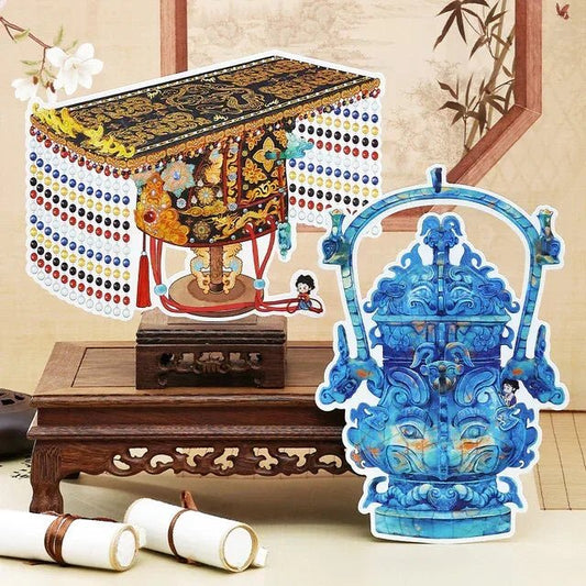 Intricate vintage scene stickers depicting bronze crown and ornate blue vessel on wooden stand