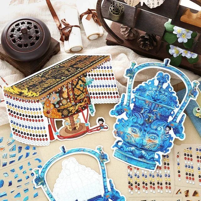 Vintage imperial crown and blue urn scene stickers for journaling and scrapbooking