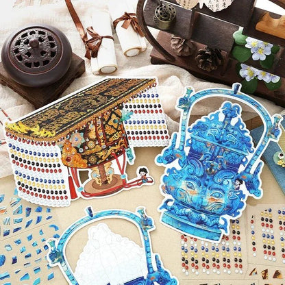 Vintage imperial crown and blue urn scene stickers for journaling and scrapbooking