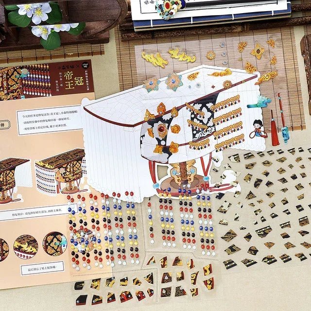 Vintage imperial crown paper craft kit with decorative stickers and illustrated instructions
