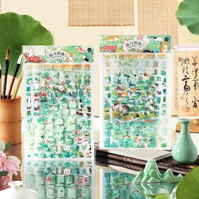 Vintage cat and lotus pond scene stickers for journaling and scrapbooking, two packs displayed