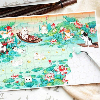 Cute cats and ducks in a colorful lotus pond, perfect for journaling stickers and crafts.