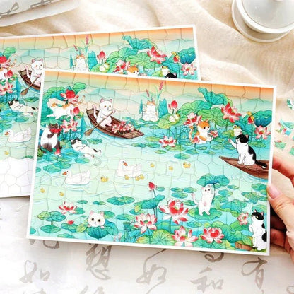 Cute cats and ducks in a lotus pond, surrounded by lily pads and flowers, illustrated sticker sheet
