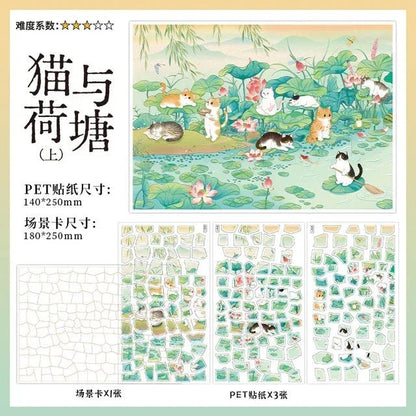Sticker sheet set with illustrated cats playing around a lotus pond, lotus leaves, and flowers.
