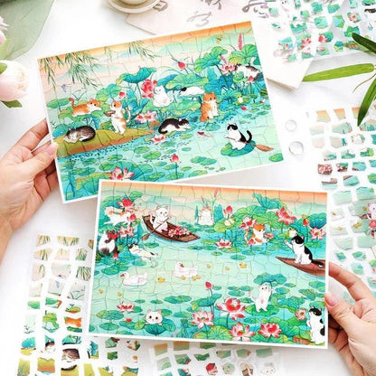 Cute cats relaxing in a colorful lotus pond, illustrated on vibrant scene stickers.