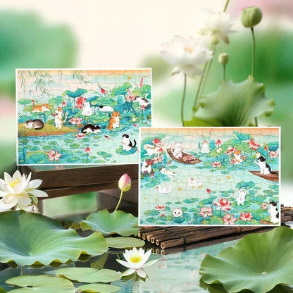 Vintage-style stickers featuring cute cats in a lotus pond with lily pads and flowers