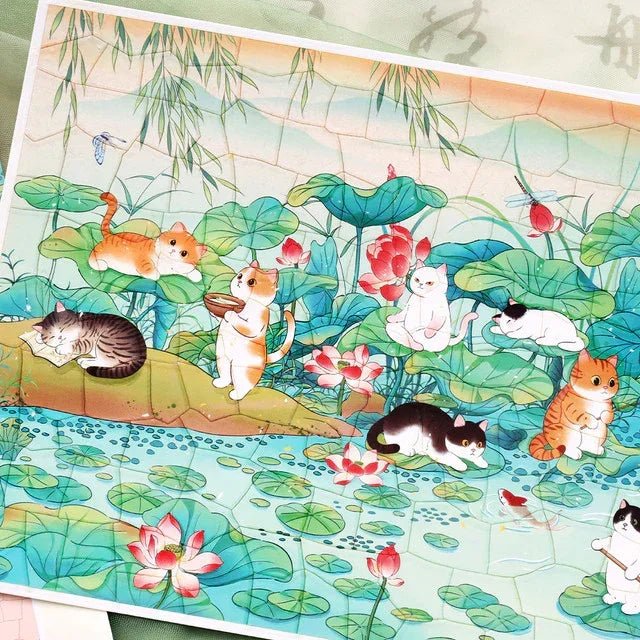 Cute illustrated cats playing among lotus leaves and flowers by a pond, whimsical sticker sheet.