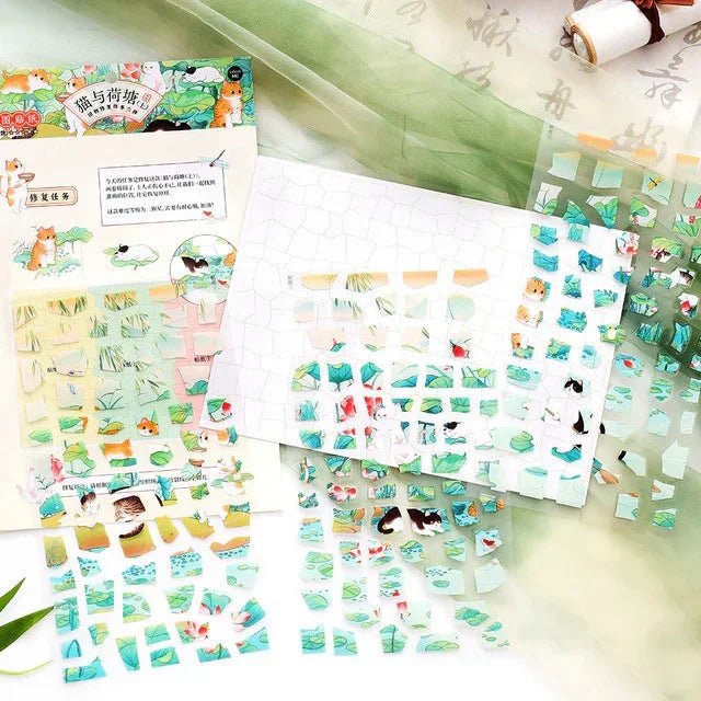 Vintage cat and lotus pond scene stickers for journaling and scrapbooking crafts.