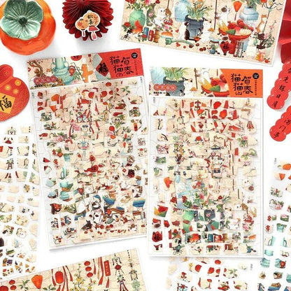 Vintage spring cat scene stickers with red lanterns and floral decorations, ideal for journaling.