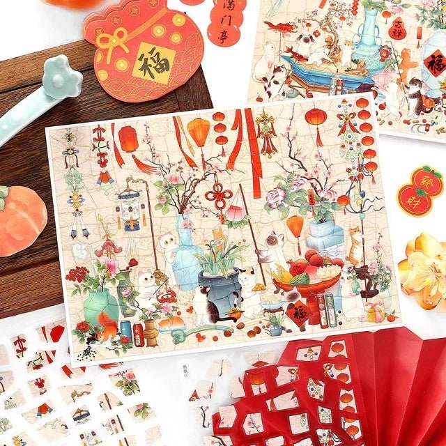 Vintage spring-themed sticker sheet with playful cats, cherry blossoms, lanterns, and festive decor.
