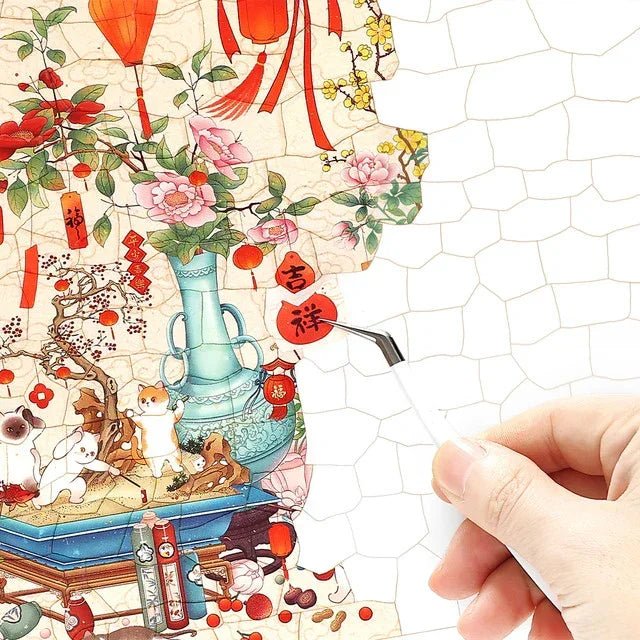 Vintage spring scene sticker with cats, peonies, Chinese lanterns, and decorative vase