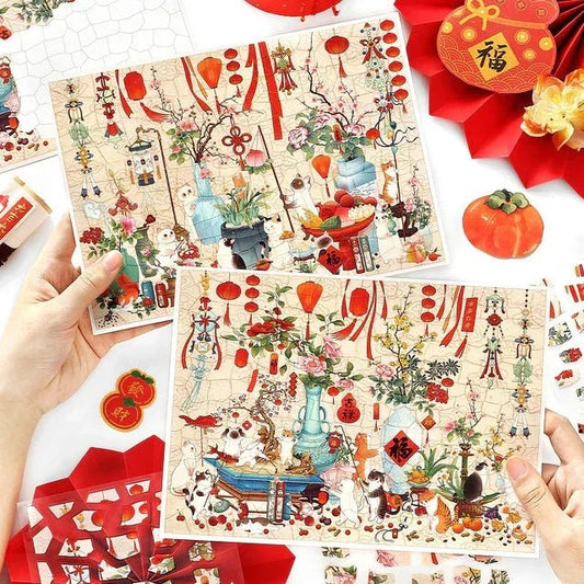 Vintage-style scene stickers with playful cats, spring flowers, and red lanterns for journaling