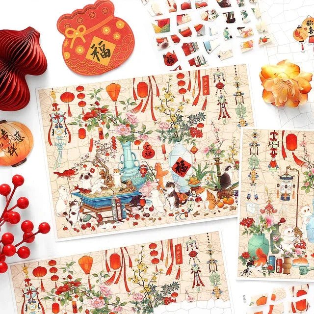 Vintage-style cat and spring sticker sheets with lanterns, flowers, and festive decorations