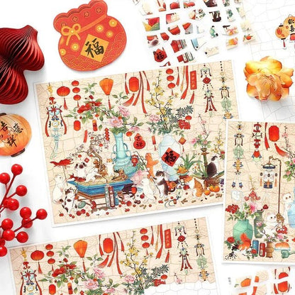 Vintage-style cat and spring sticker sheets with lanterns, flowers, and festive decorations