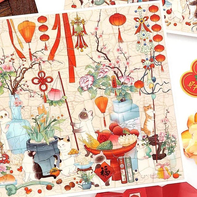 Illustrated cats in a festive spring scene with lanterns, flowers, and fruit decorations.