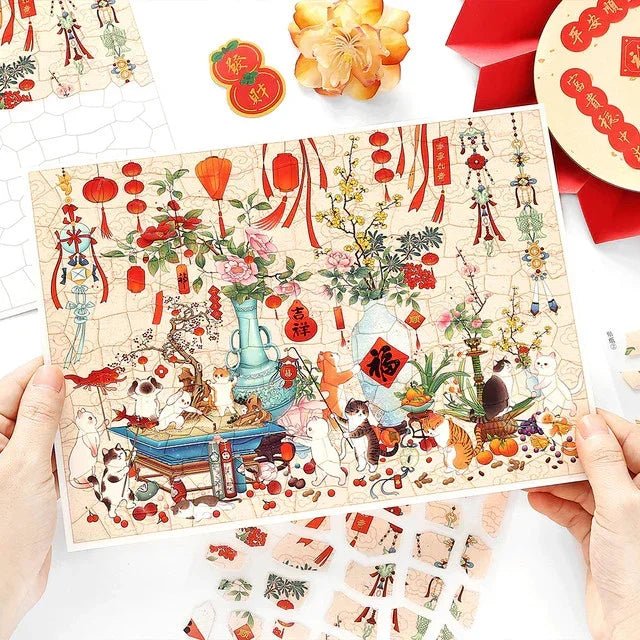 Vintage style sticker sheet with cats, spring flowers, vases, lanterns, and festive decor.