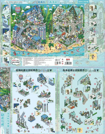 Sticker sheet featuring illustrated seaside villa, Christmas town, beach, and assembly guides