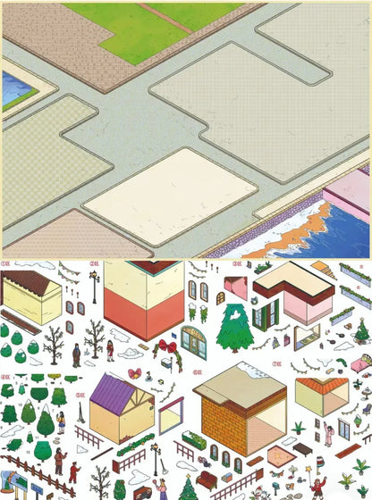 Christmas town seaside villa scene sticker set with festive buildings, trees, and decorative elements